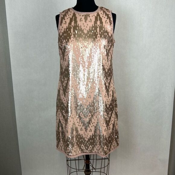 Vince Camuto Sequined Dress Sz 12 Chevron Blush Pink Silver Raw Hem Sleeveless L - Picture 1 of 13